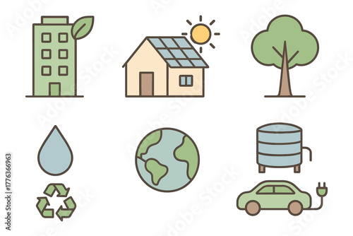 Eco-friendly icons collection featuring renewable energy, nature, and conservation elements