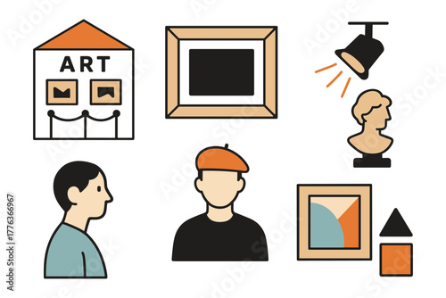 Art gallery icons featuring artist and sculptures in minimal style