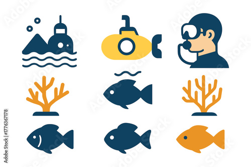 Underwater exploration icons: submarine, diver, fish, and coral elements