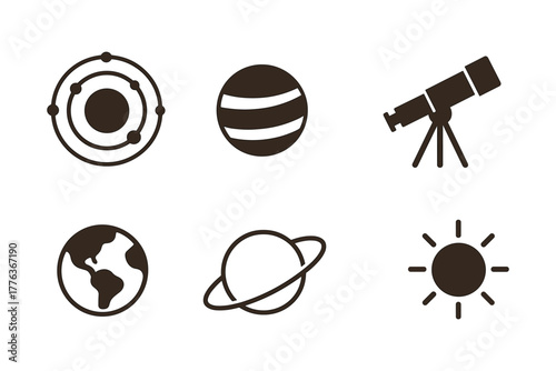 Minimalist astronomy icons: telescope, planets, and celestial bodies