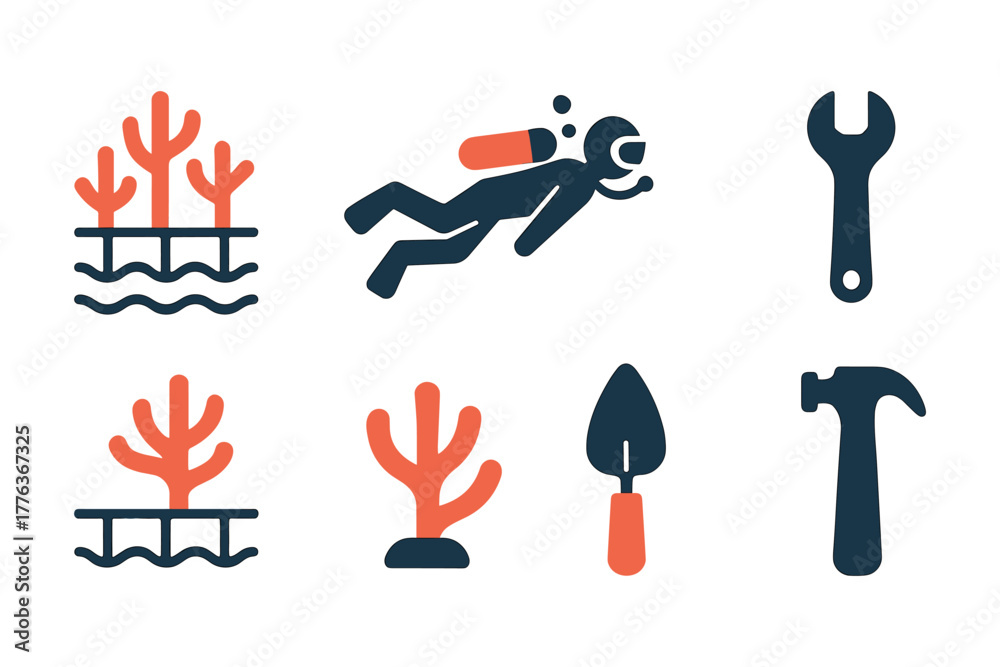 Fototapeta premium Minimalistic marine and construction icons with diving and coral elements