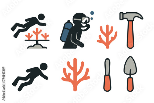 Diving and gardening icons: snorkeling, coral reefs, tools