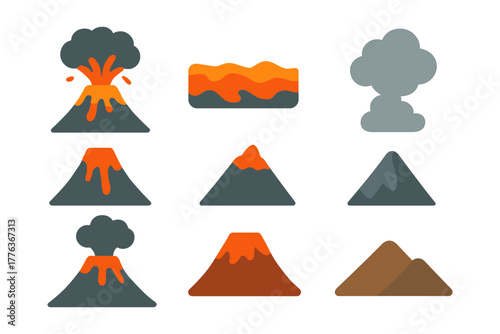Collection of flat volcano icons featuring eruption and smoke variations in orange and gray