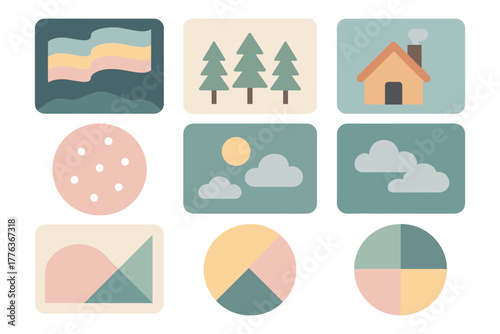 Minimalist pastel icon set featuring nature, geometry, and clouds in flat design