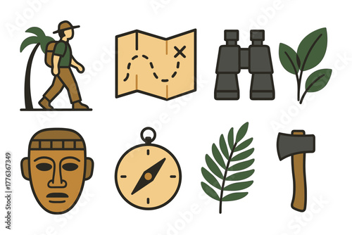 Adventure icons set: hiking, navigation, survival, and exploration tools in flat design