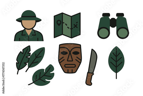 Flat jungle adventure icons set: ranger, map, binoculars, mask, machete, leaves