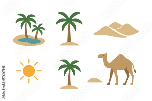 Desert oasis elements: palm trees, camel, sand dunes, sun