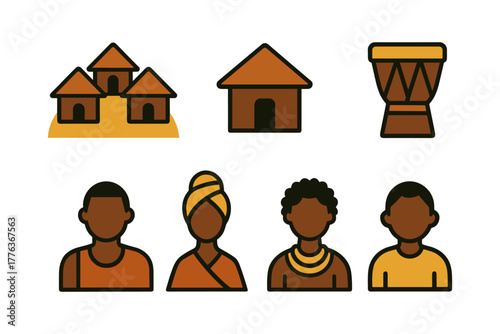 Traditional african culture icons: houses, drum, and people in flat style