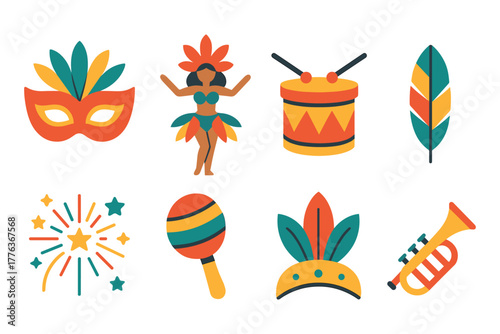 Colorful carnival icons featuring mask, dancer, drum, feather, fireworks, maraca, headdress, and trumpet