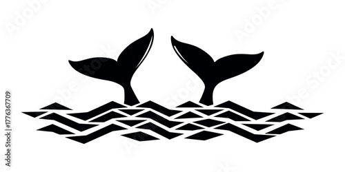 Minimalist black and white whale tails emerging from the ocean isolated on white background