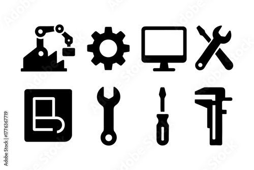 Industrial tools and engineering icons set in bold silhouette style