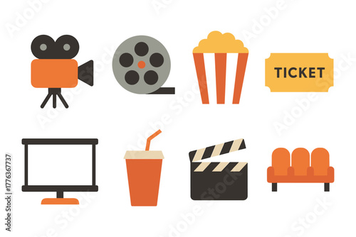 Flat cinema icons: camera, film reel, popcorn, ticket, and more for movie themes