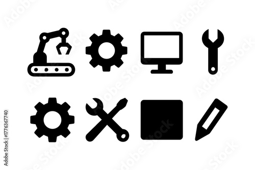 Industrial and technological icons: machine, computer, tools in bold silhouette design
