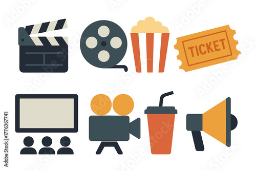 Movie night icons: clapperboard, film reel, popcorn, cinema ticket, and more