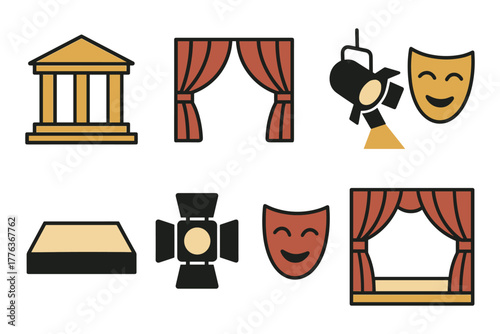 Theater icons set: masks, curtains, stage, and spotlights