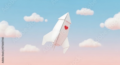 3D illustration of a paper rocket folded like origami with a red heart on the outside.