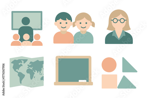 Educational icons set: teachers, students, and classroom elements in flat design