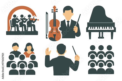 Musical ensemble and instruments icons set in flat design