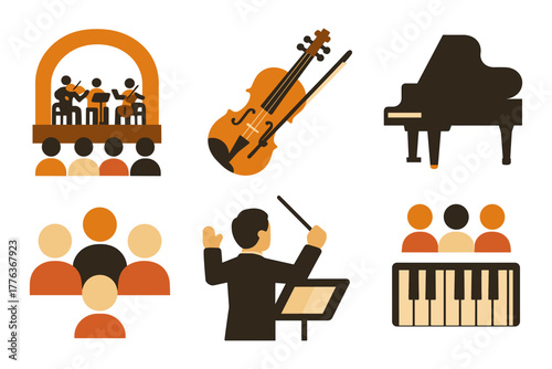 Orchestra performance elements with instruments and audience in flat design