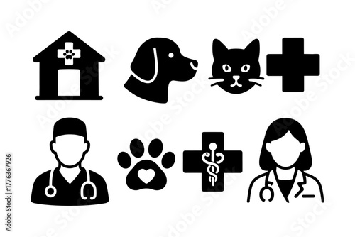 Veterinary icons: silhouette dog, cat, vet, and medical symbols for pet care