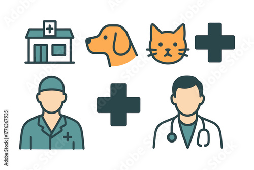 Veterinary clinic symbols with medical cross, pets, doctors, and clinic icons in outline style