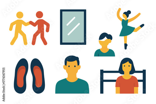 Colorful flat style dance icons featuring people, shoes, and mirrors for creative designs