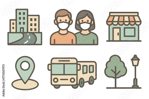 Modern city life: masked people, buildings, and transport in simple line art