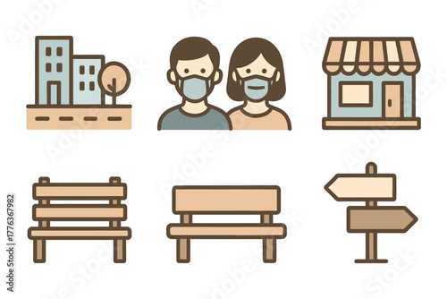 Simple icons of urban life with facemasks and signposts in soft color palette