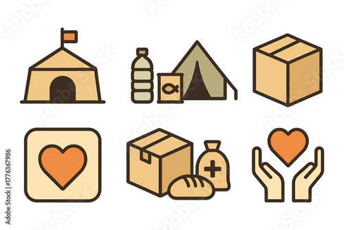 Flat icons of humanitarian aid and shelter with tent, supplies, and heart symbol