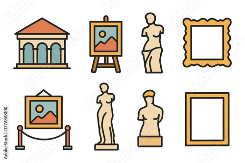 Art museum icons set with classical sculptures and picture frames