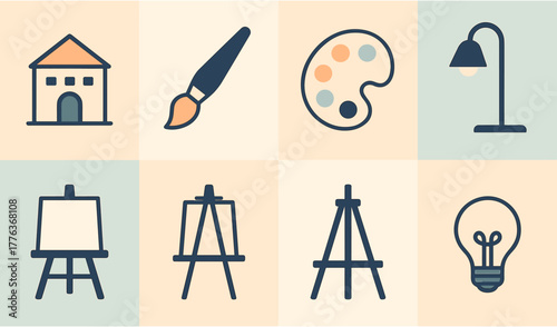 Minimalist art tools and equipment icons featuring easel, paintbrush, and palette design