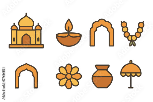 Flat design icons of diwali festival elements including mandir, diya, and marigold garland