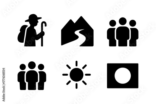 Silhouette icons: hiking, mountain path, community, sun, flag