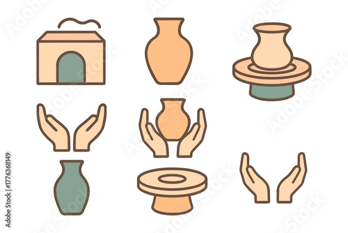 Minimalist pottery icon set featuring hands, vases, and pottery wheel in soft earth tones