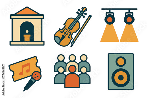Music and theater icons: modern flat design of microphone, violin, stage lights, and more