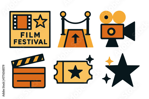Film festival icons set with movie camera and red carpet imagery
