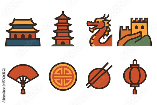 Traditional chinese icons: pagoda, dragon, great wall, and lanterns in a flat style