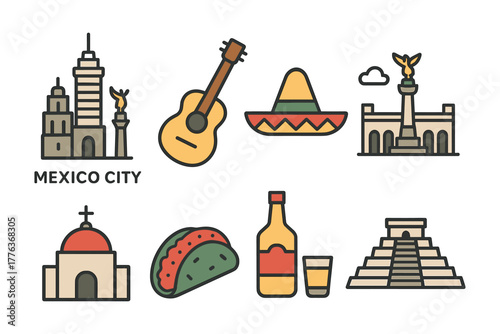 Flat icon set featuring mexico city landmarks and iconic mexican symbols