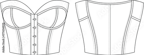 Elegant corset top front and back view, fitted bustier with button closure, women fashion apparel design, cad drawing flat vector illustration