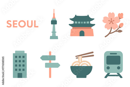 Seoul minimalist icons: culture, landmarks, cuisine, and transport