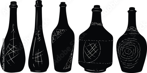 Black bottles with white etched patterns vector