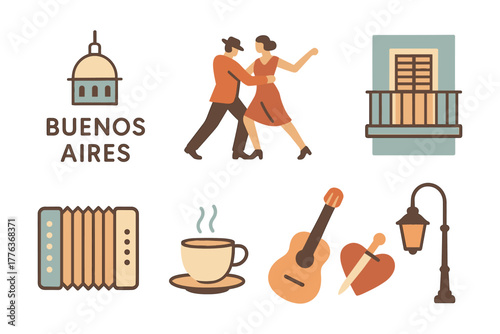 Buenos aires icons: tango, architecture, and culture in flat design