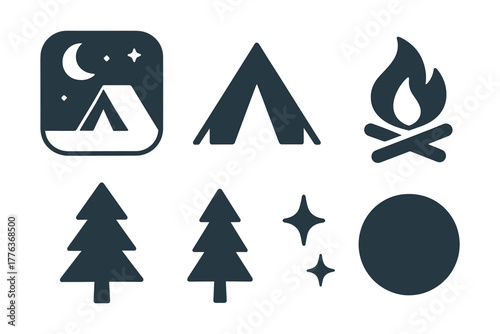Camping icons collection: tents, campfire, trees, and night sky elements