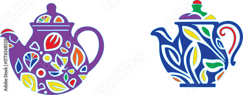 Colorful patterned teapots with floral elements purple