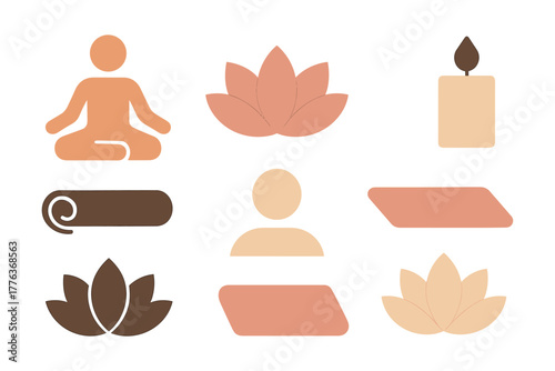 Minimalist yoga and meditation icons with lotus and candle designs