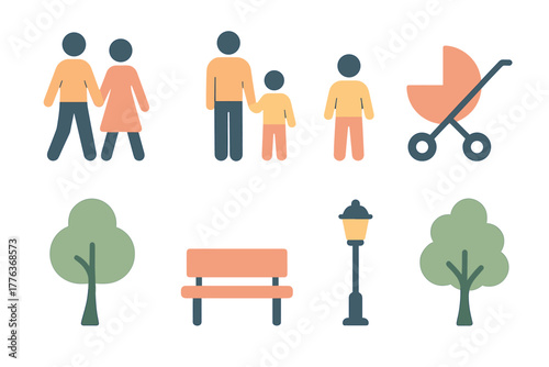 Family and park elements in flat minimalist style with simple geometric shapes