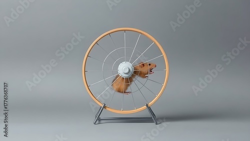 antecedence. Hamster wheel in endless rotation on a plain grey background. wildlife magazines, conservation campaigns, designed for nature documentaries and education, used by health educators.