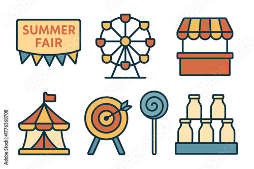 Flat style summer fair elements with ferris wheel and carnival icons