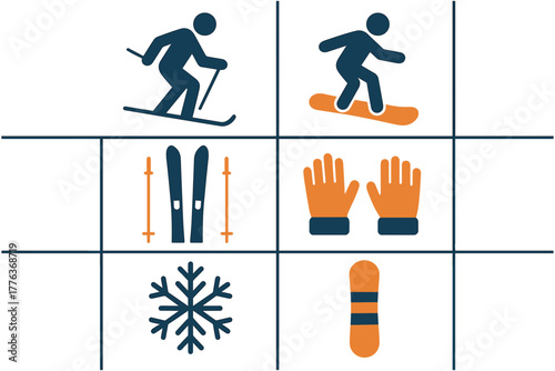 Winter sports icons with skiing, snowboarding, equipment, and snowflake in flat style