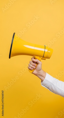 Hand Holding Yellow Megaphone on Clean White Background
